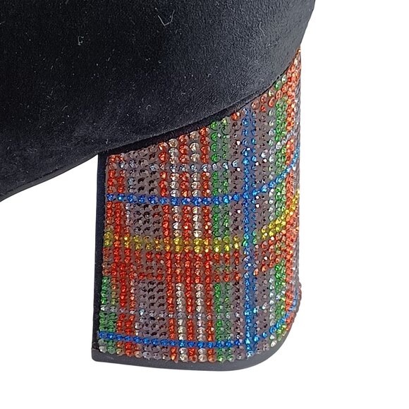 Black Suede Side Zip Pointed Toe Multi Color Rhinestone Block Heel Bootie SZ 7M - Picture 7 of 14